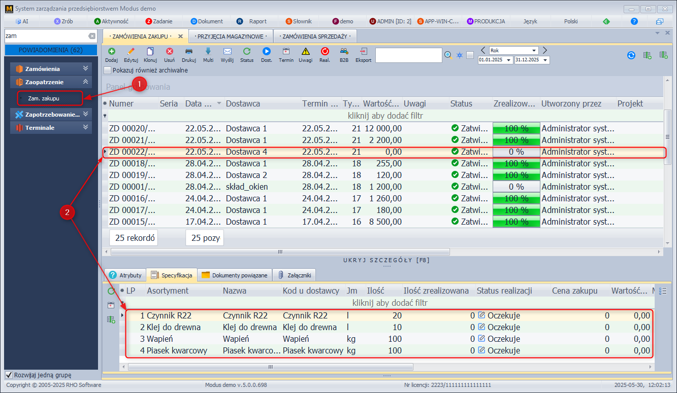 Lista zamówień do dostawców