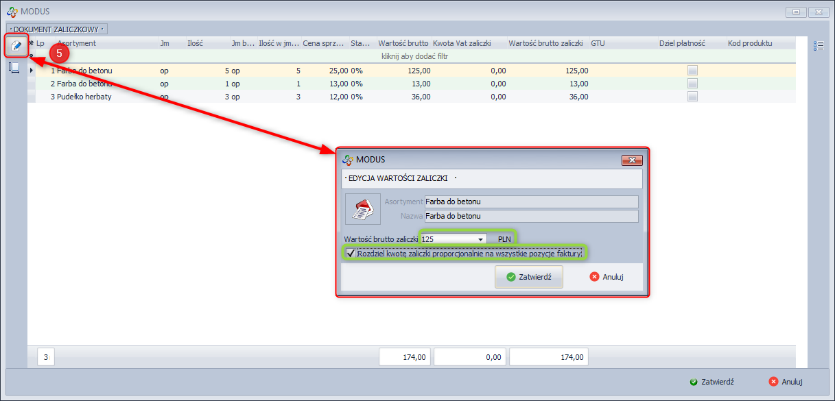 Określenie wartości zaliczki