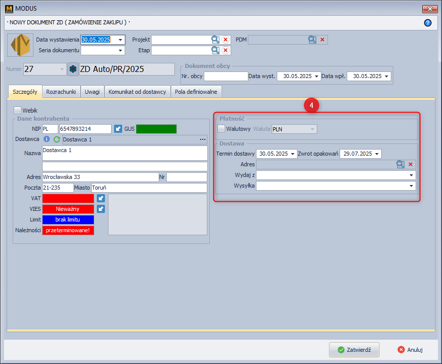 Nowy dokument zamówienia