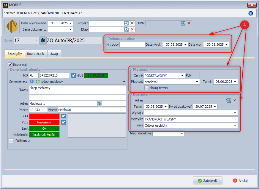 Nowy dokument zamówienia