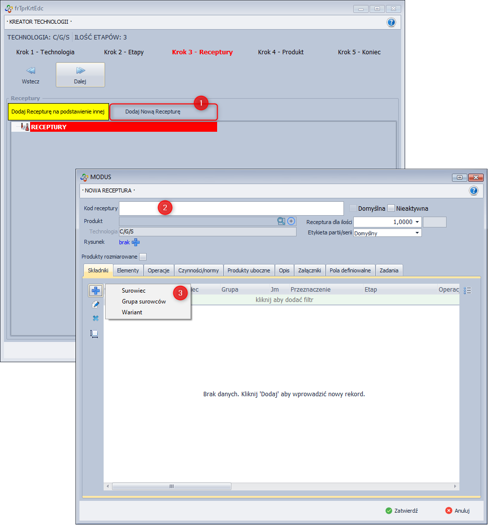 Kreator technologii - Nowa receptura Kreator technologii - Nowa receptura