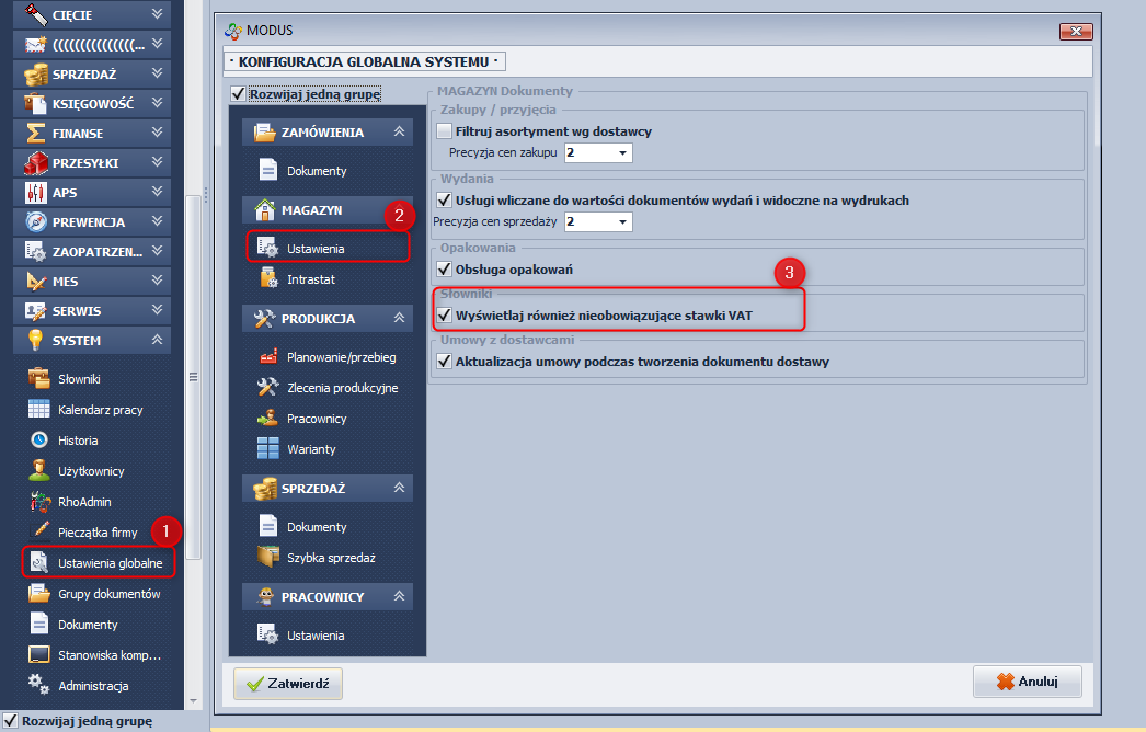 Ekran 3: Okno konfiguracji globalnej systemu Ekran 3: Okno konfiguracji globalnej systemu