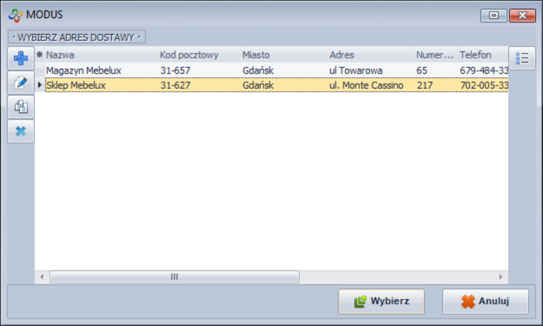Ekran: Wybór adresu dostawy w momencie tworzenia dokumentu