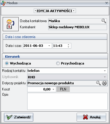 Okno edycja aktywności