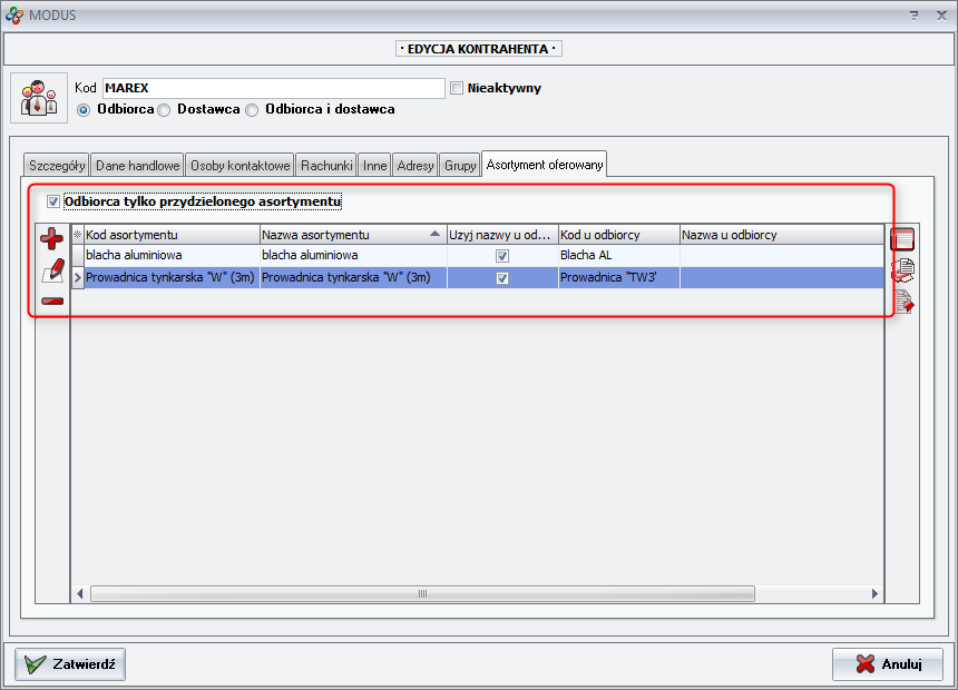 Ekran: Asortyment oferowany