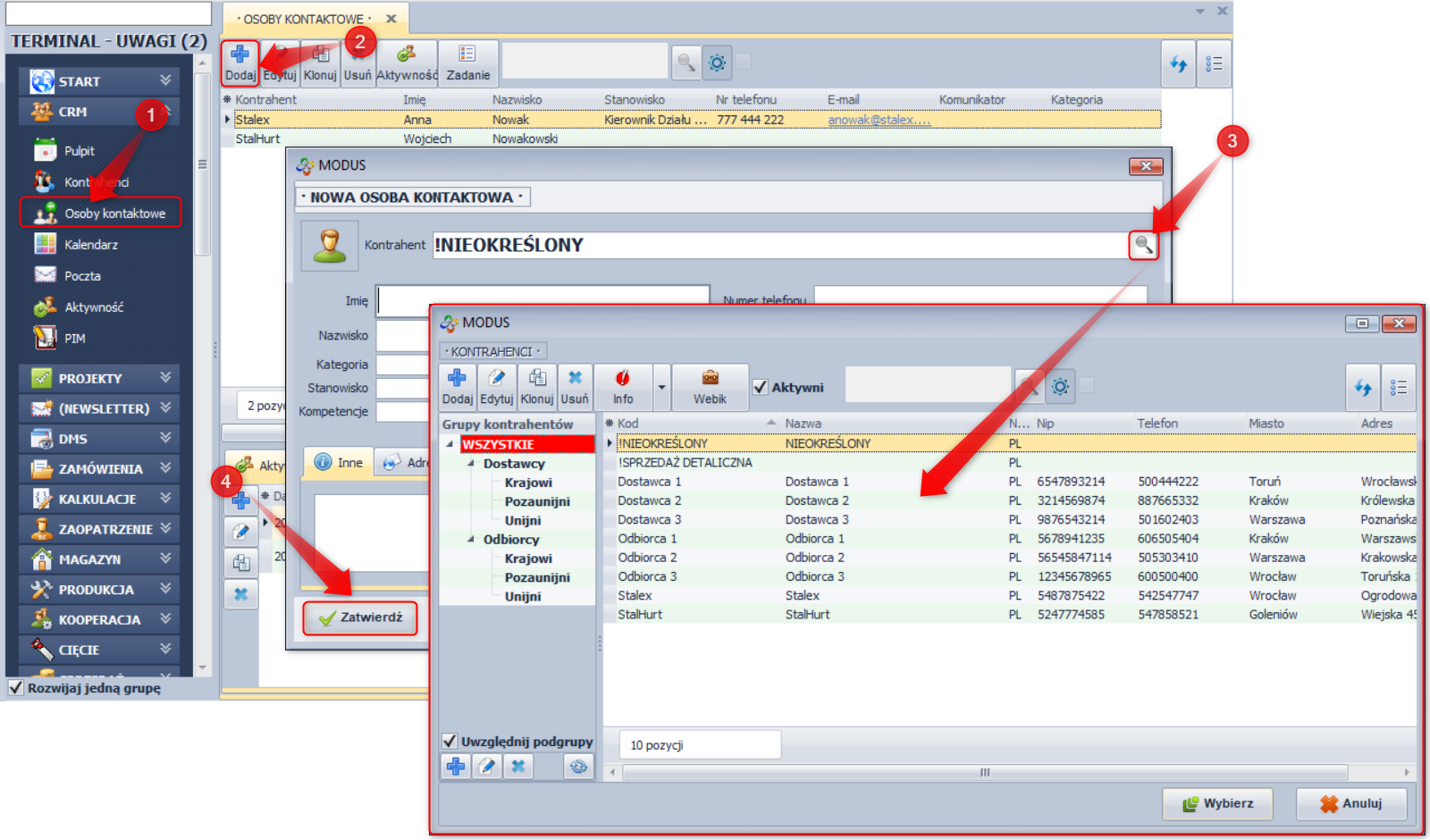 Ekran: Dodawanie osoby kontaktowej 