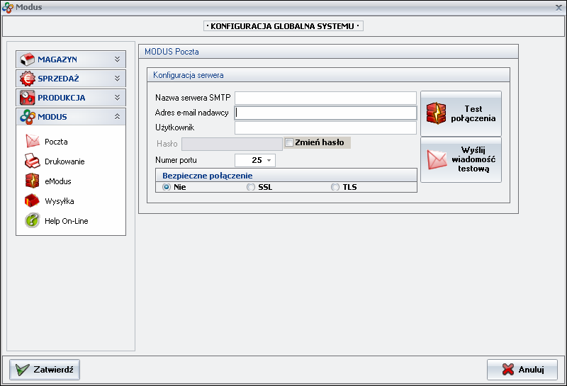 Ekran: Konfiguracja ustawień pocztowych