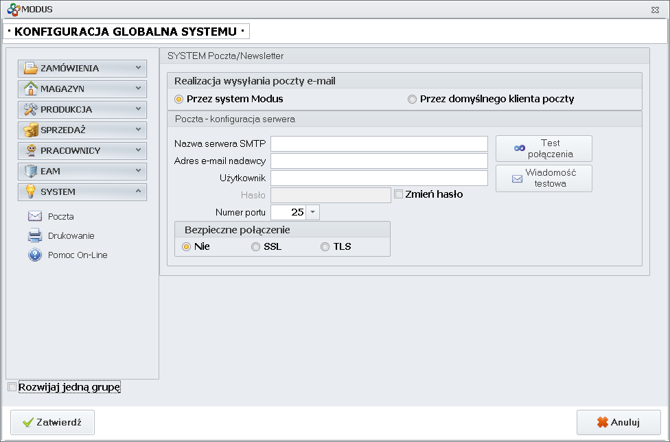Ekran: Konfiguracja ustawień pocztowych