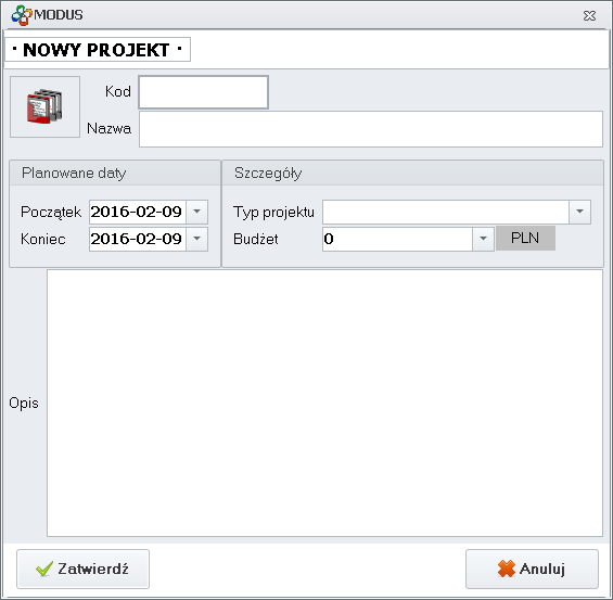 Ekran: Kartoteka nowego projektu