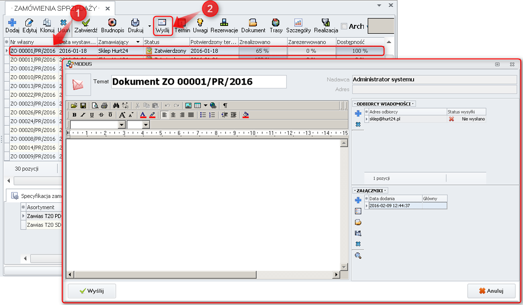 Ekran: Wysyłanie dokumentu z systemu 
