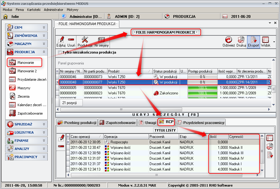 Ekran: Czynności w zakładce RCP harmonogramu produkcji 