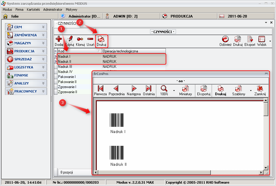 Ekran: Wydruk ID czynności w formie kodu kreskowego