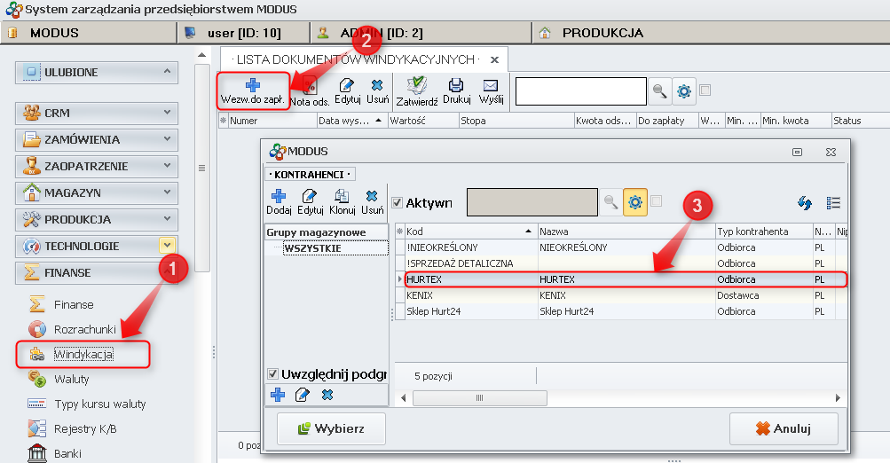 Ekran: Tworzenie dokumentu wezwanie do zapłaty 