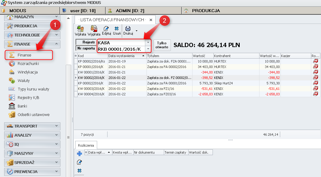 Ekran: Lista operacji KP/KW