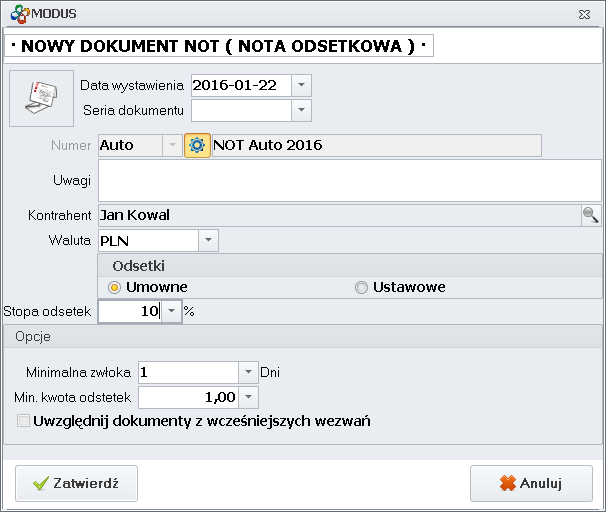 Ekran: Nowy dokument noty odsetkowej