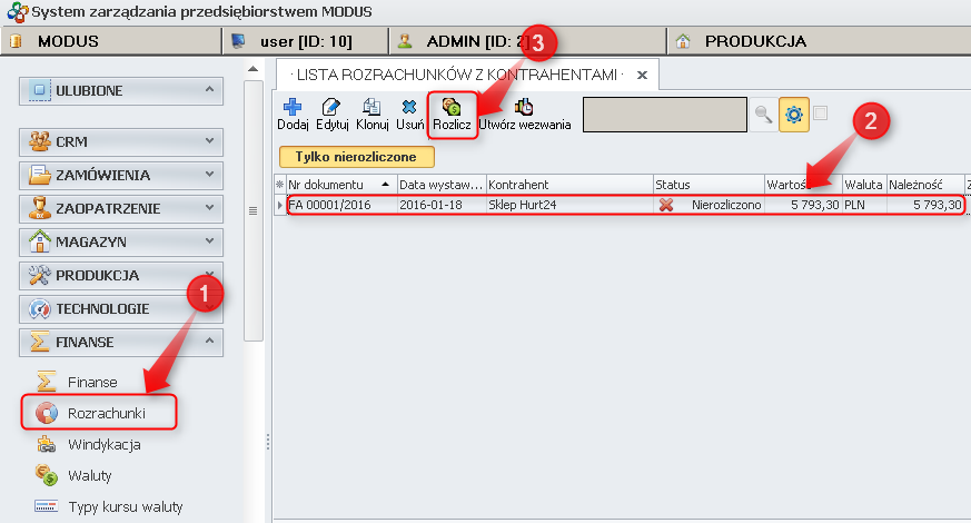 Ekran: Rozliczenie rozrachunku  