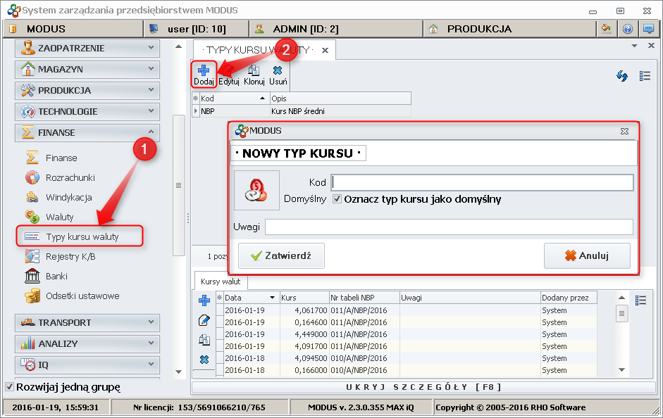 Ekran: Definiowanie nowego typu kursów waluty