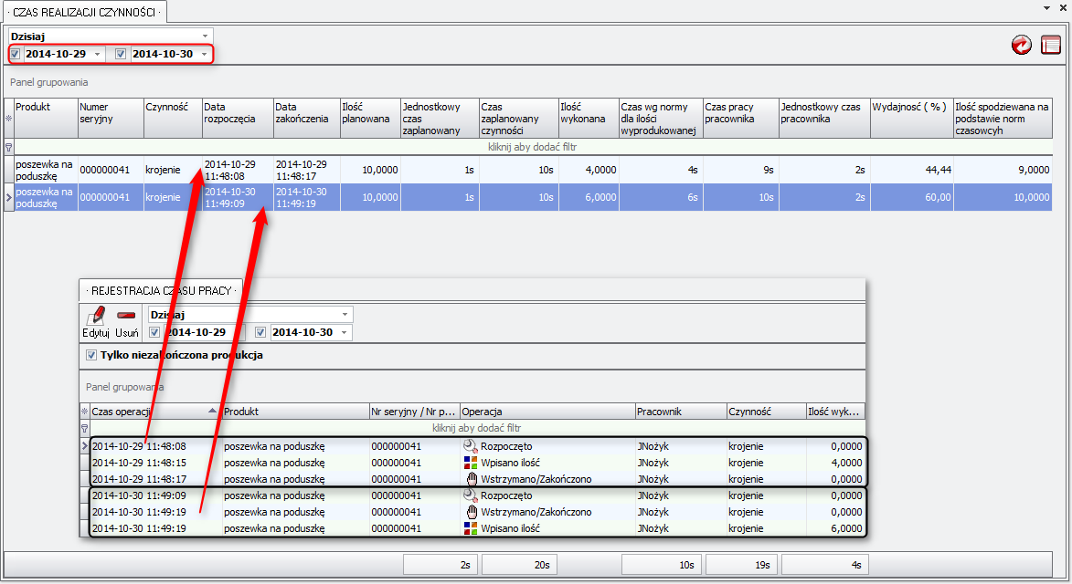 Ekran: Czas realizacji czynności 