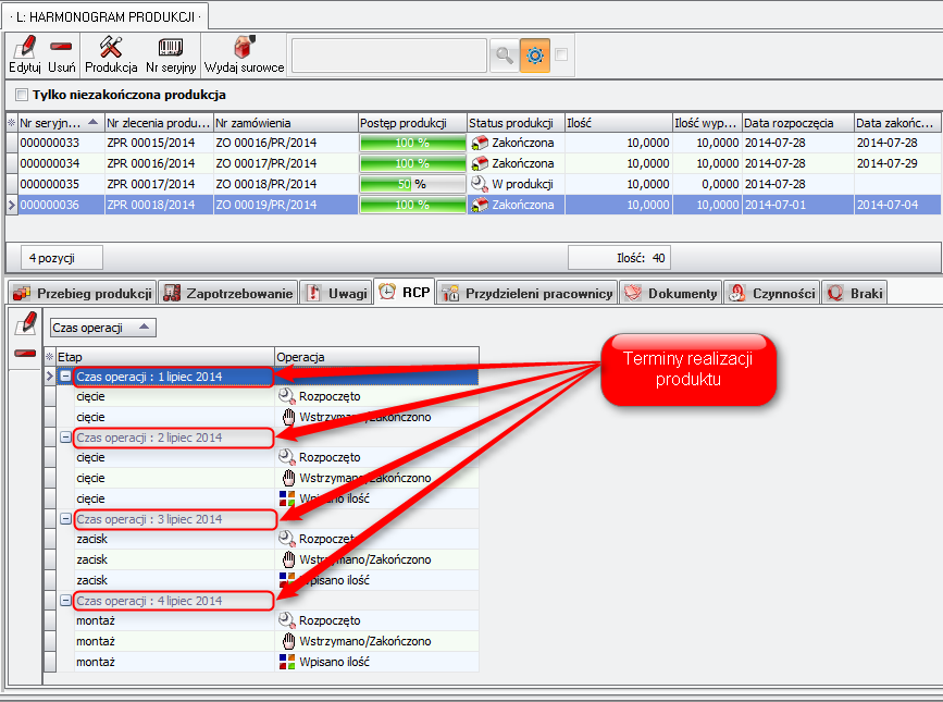 Ekran: Lista odczytów RCP zarejestrowanych na terminalu