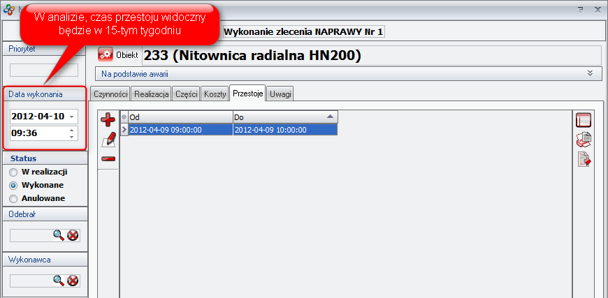 Ekran: Data wykonania zlecenia serwisowego  