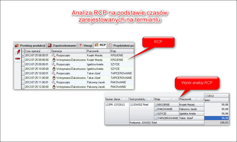Ekran: Analiza produkcji - Analiza produkcji - Rozliczenie czasu pracy