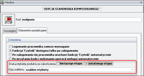 Ekran: Ustawienia automatycznego wydruku etykiety na terminalu  