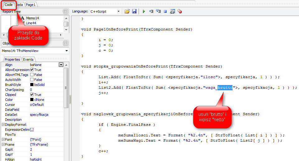 Ekran 2: Edycja kodu szablonu 