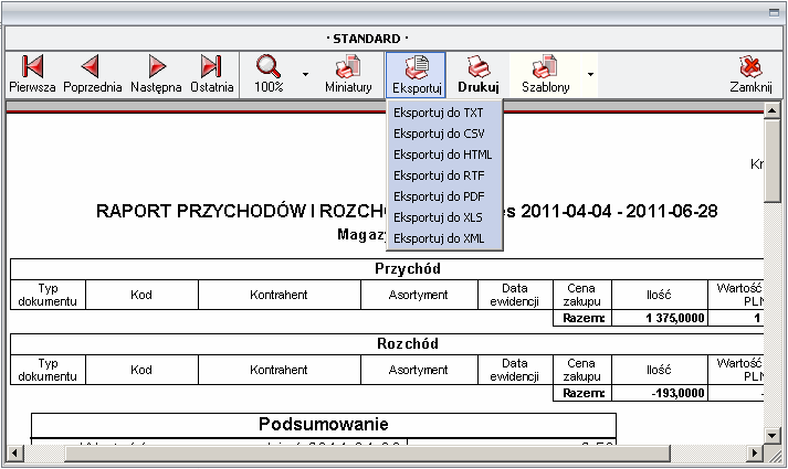 Ekran: Eksport danych z raportu  