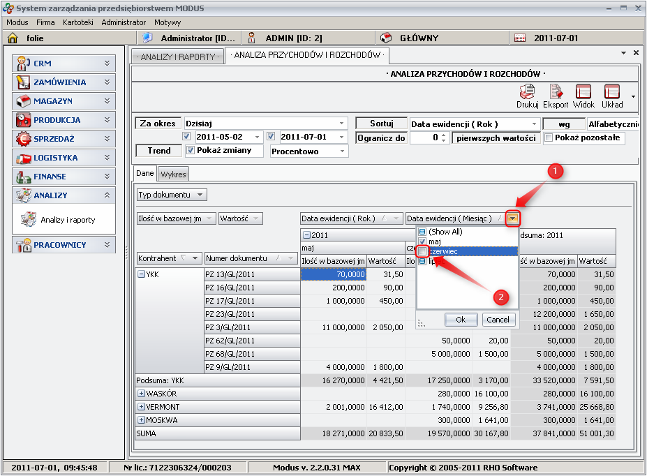 Ekran: Filtrowanie analizy  