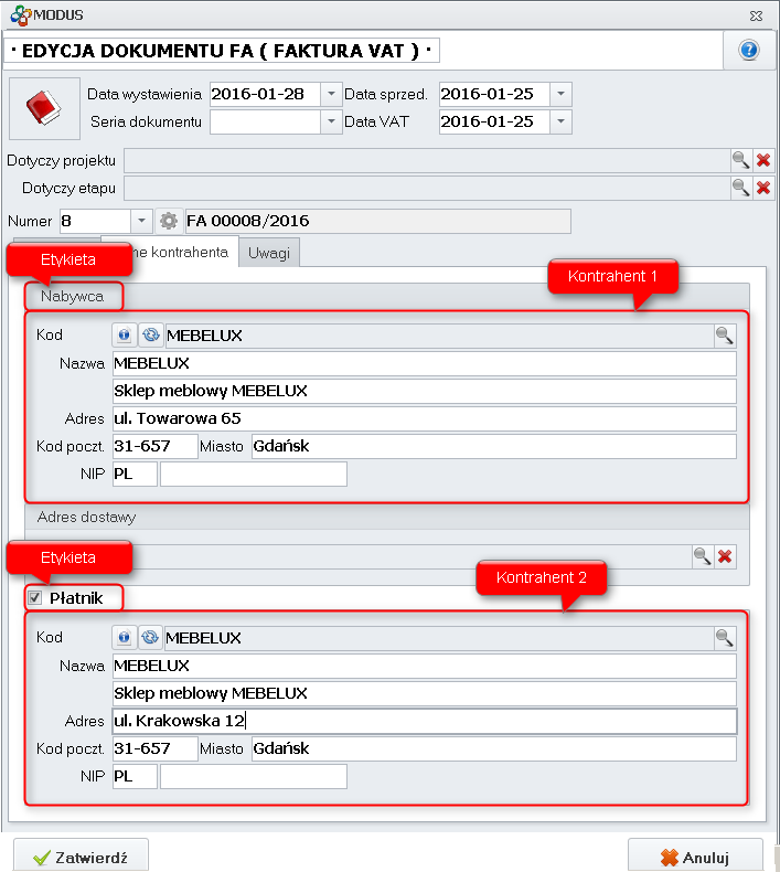 Dokument FV (zakładka dane kontrahenta)