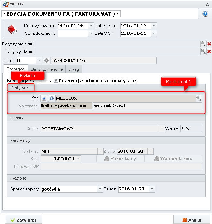 Dokument FV (zakładka szczegóły)