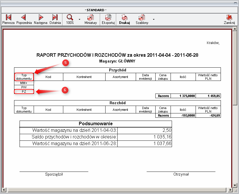 Ekran: Raport przychodów i rozchodów 