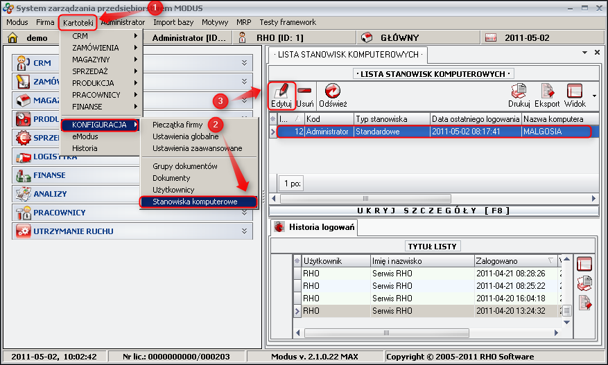 Ekran: Lista stanowisk komputerowych 