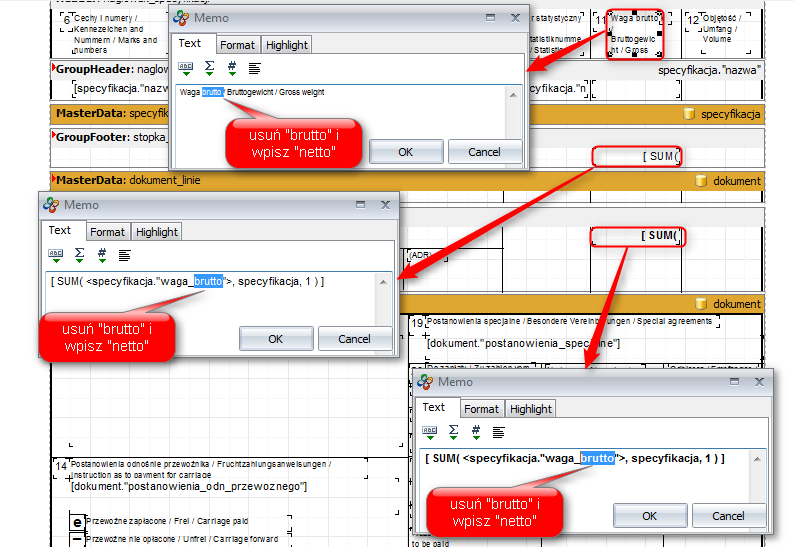 Ekran 1: Edycja szablonu wydruku dokumentu CMR