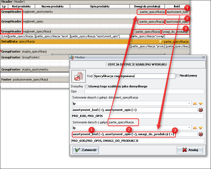 Ekran 2: Konfiguracja sortowania na szablonie z agregacją Ekran 2: Konfiguracja sortowania na szablonie z agregacją