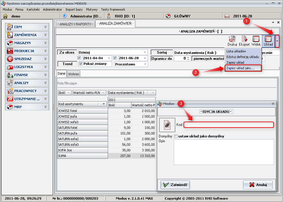 Ekran: Zapisanie własnego układu  