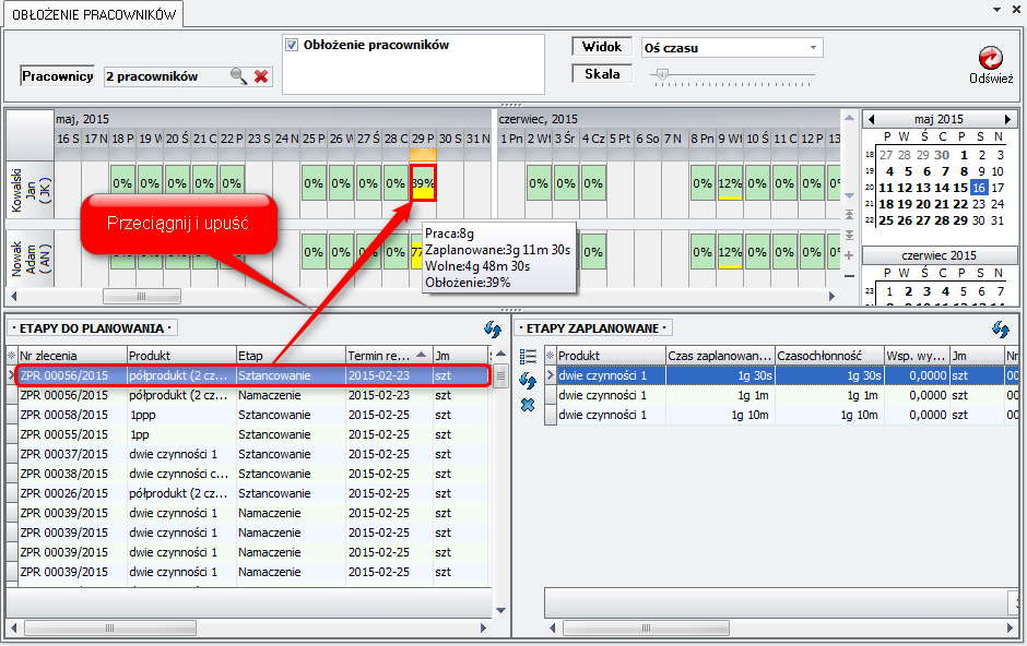 Ekran: Przydzielanie etapów / obłożenie pracownika 