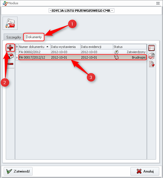 Ekran: Dodawanie dokumentów składających się na specyfikację listu przewozowego