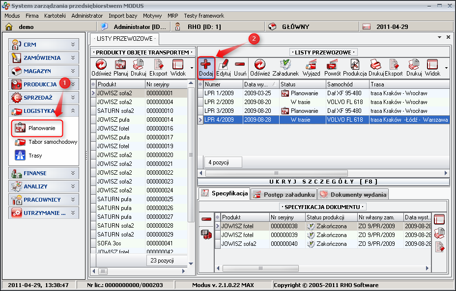 Ekran: Dodawanie listu przewozowego 