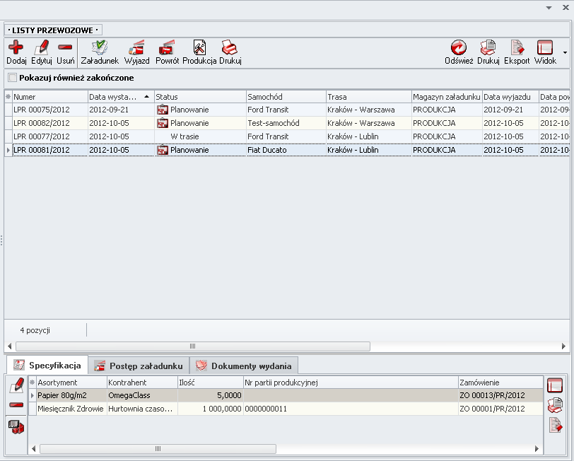 Ekran: Listy przewozowe