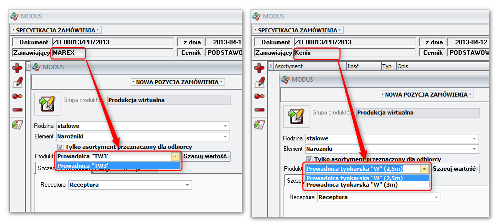 Ekran: Zamówienie od odbiorcy na asortyment oferowany