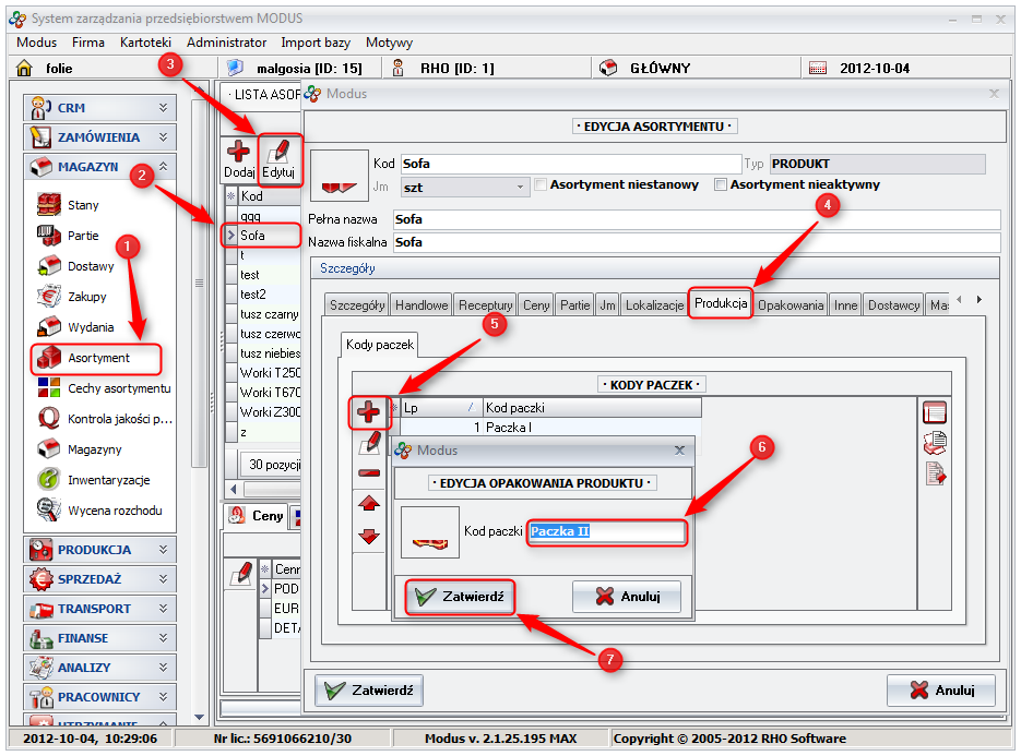 Ekran: Definiowanie kodów paczek 