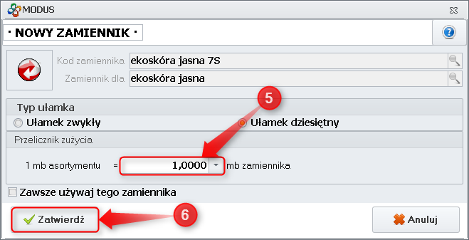 Ekran: Określenie przelicznika 