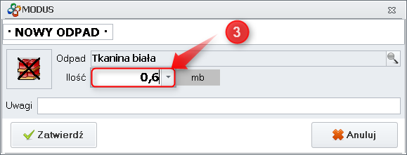 Ekran: Określenie ilości powstającego odpadu 