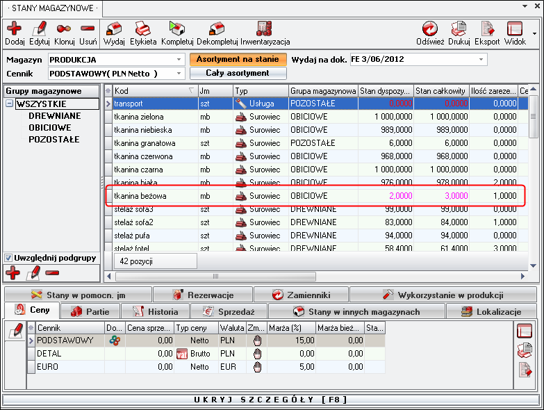 Ekran: Asortyment z przekroczonym stanem minimalnym 