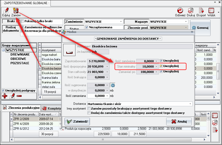 Ekran: Generowanie zamówienia na asortyment z przekroczonym stanem minimalnym 