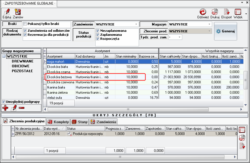 Ekran: Asortyment z przekroczonym stanem minimalnym w zapotrzebowaniu globalnym 