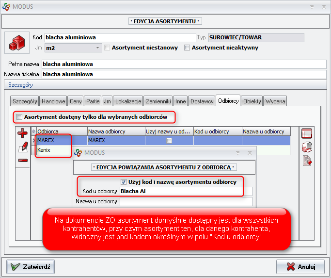 Ekran: Asortyment dostępny dla wszystkich pod indywidualnymi nazwami 