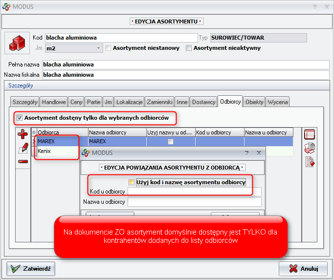 Ekran: Asortyment dostępny dla wybranych kontrahentów  