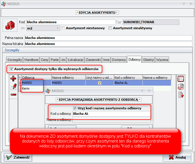 Ekran: Asortyment dostępny dla wybranych kontrahentów pod indywidualnymi nazwami  